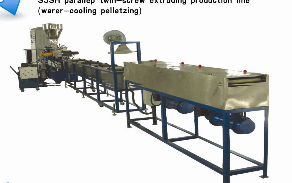 SJSH twin-screw extrusion line with water trough, air knife and strand pelletizer
